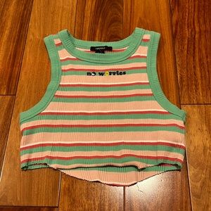 white,green, pink, and red striped no worries tee!💕